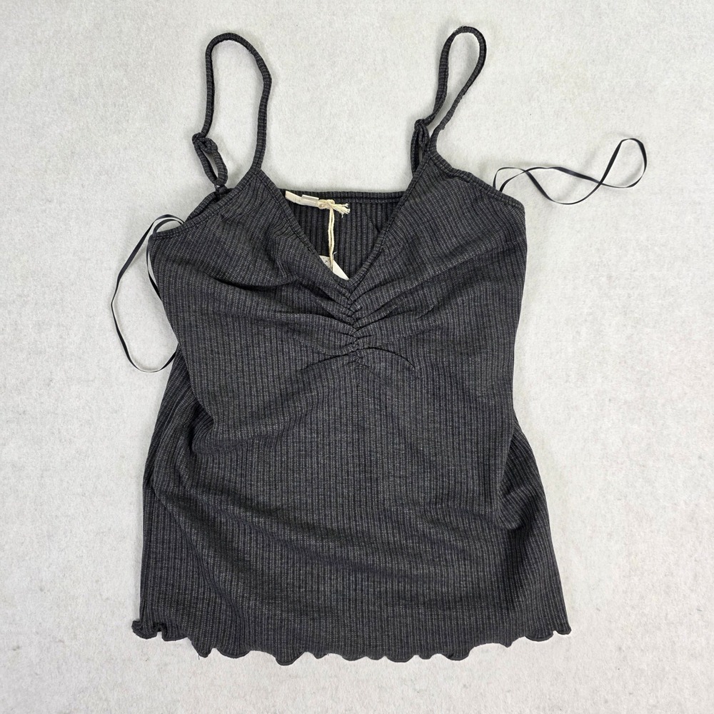 Hem & Thread Women Large Cami Tank Top Charcoal NWT Ribbed Ruched Lettuce Hem